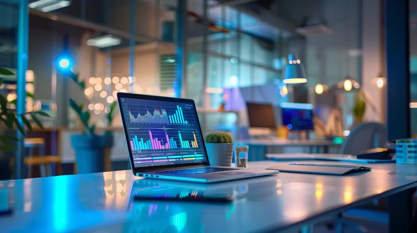 a sleek office workspace showcases a modern laptop displaying a vibrant, mobile-responsive website design, surrounded by digital marketing elements like colorful charts and touch-friendly navigation icons, all under dynamic, focused lighting that highlights the efficiency and engagement of the digital experience.