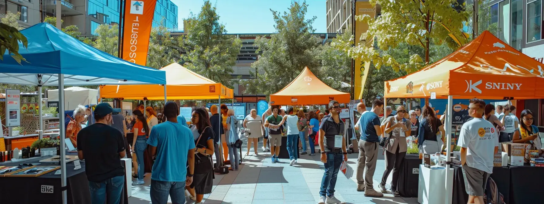 a vibrant community event unfolds in a bustling urban plaza, featuring an engaging real estate workshop with excited participants gathered around informative displays and local sponsors promoting their services under colorful banners.