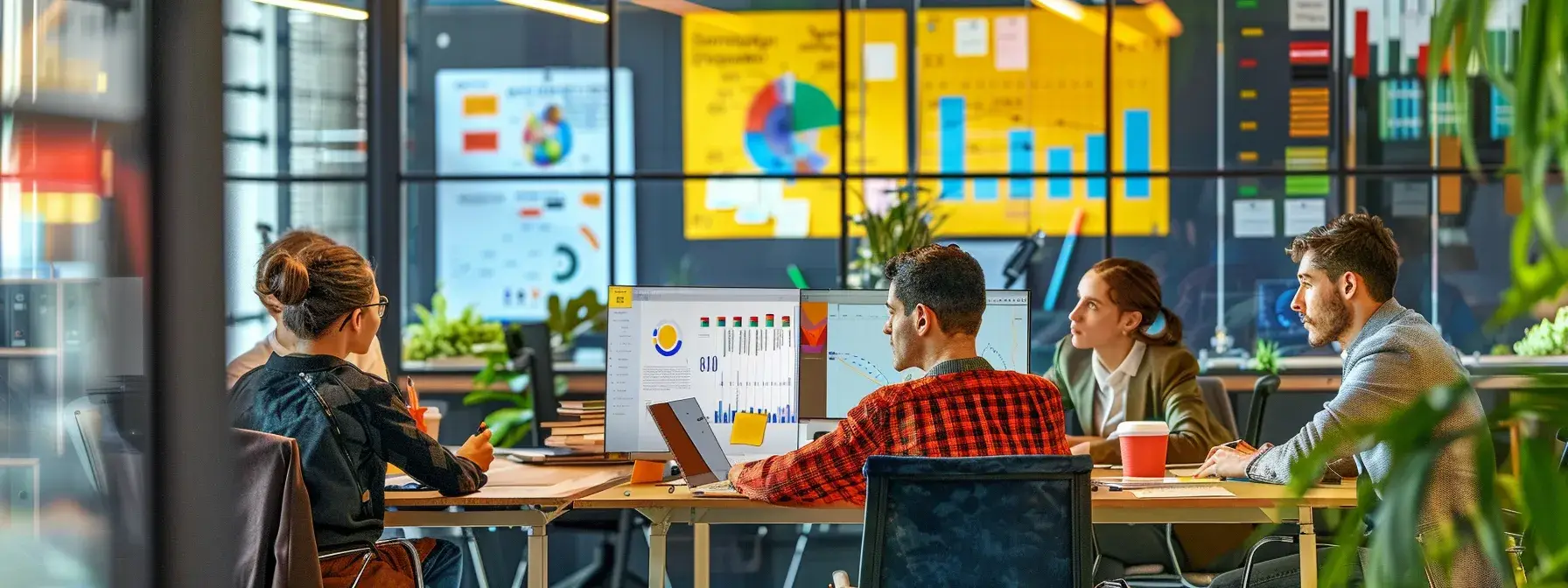 a vibrant, modern office space showcases a digital marketing team brainstorming innovative retargeting strategies, with eye-catching charts on screens and notes highlighting local trends, capturing the dynamic atmosphere of collaboration and creativity in tackling advertising challenges.