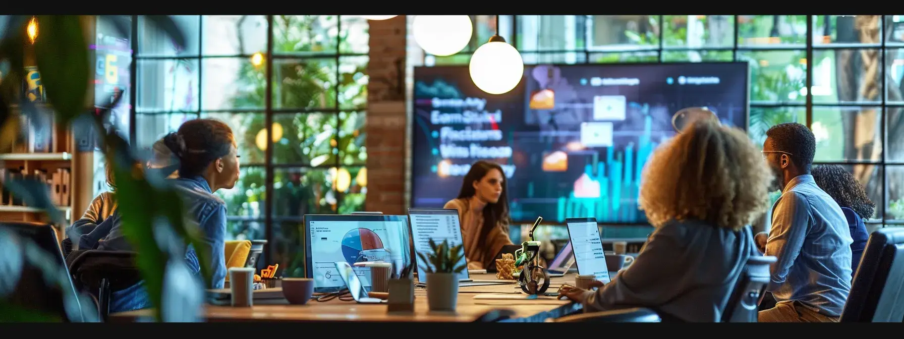 a vibrant modern office workspace is filled with real estate agents engaged in animated discussions over digital screens displaying data-driven email marketing strategies and colorful email templates, reflecting a dynamic environment focused on sales growth.