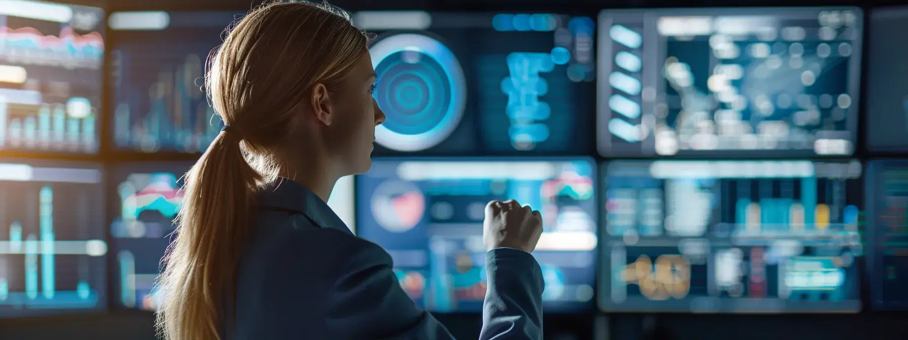 a vibrant office scene captures a focused realtor engaging with a dynamic digital dashboard displaying segmented email lists and market trends, illuminated by the bright glow of multiple screens reflecting cutting-edge technology and strategic growth.