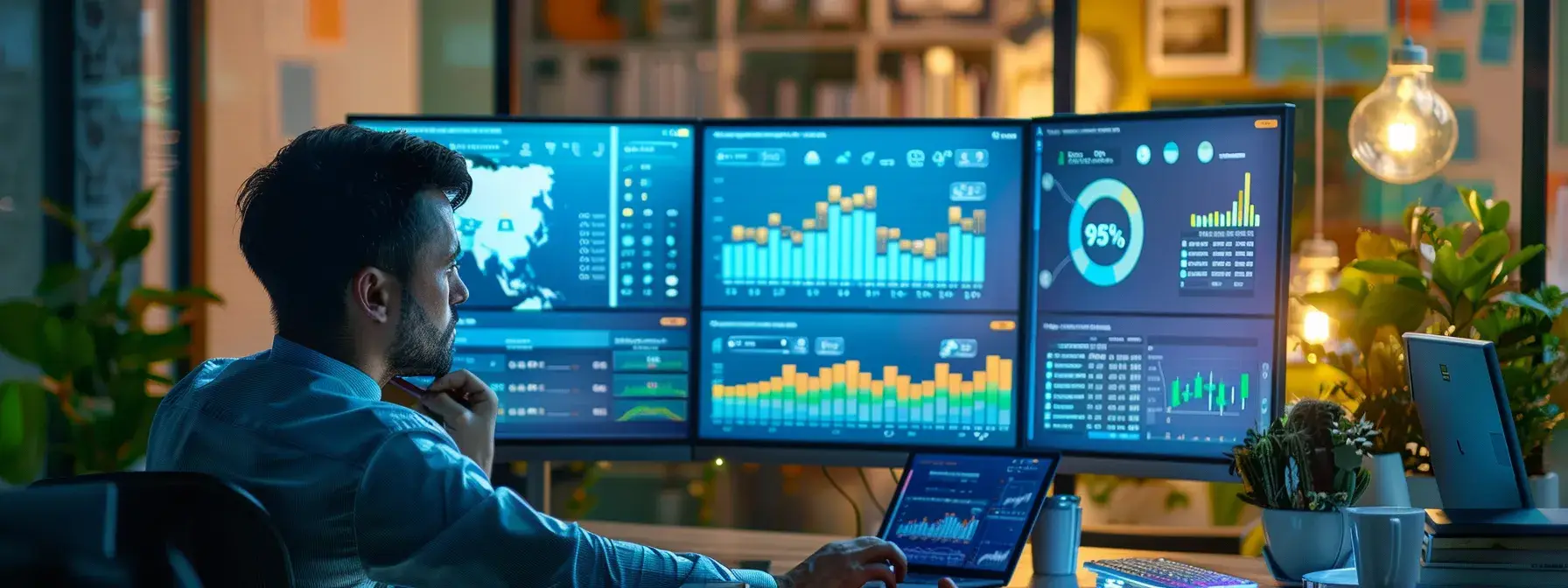 a vibrant office scene featuring a modern digital marketing dashboard displaying a variety of colorful ad extensions, with a focused professional analyzing data on a sleek computer screen, emphasizing strategies for maximizing visibility in real estate ppc optimization.