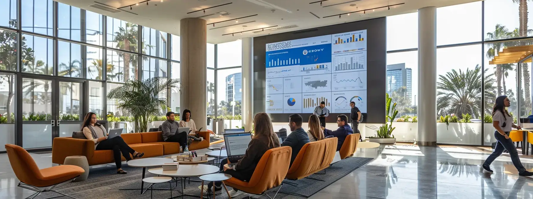 a vibrant, sleek modern office workspace with a large digital screen displaying infographics and analytics from successful realtor email campaigns, surrounded by professionals engaged in discussion, reflecting a dynamic atmosphere of strategy and collaboration in real estate marketing.