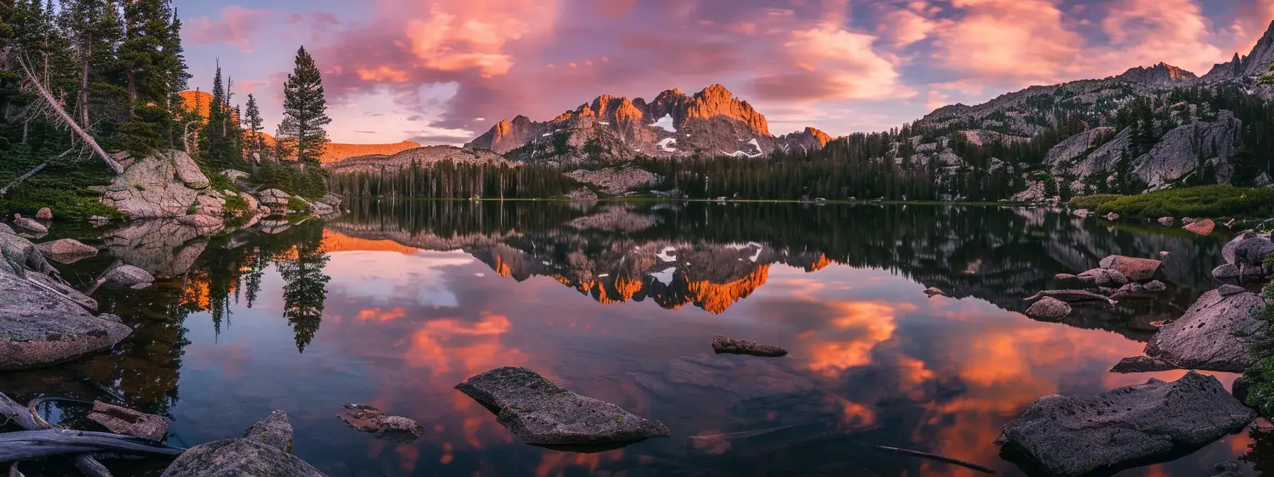 a vibrant sunrise casts a golden hue over a serene mountain lake, reflecting the majestic peaks and a sky painted with soft pink and orange clouds.