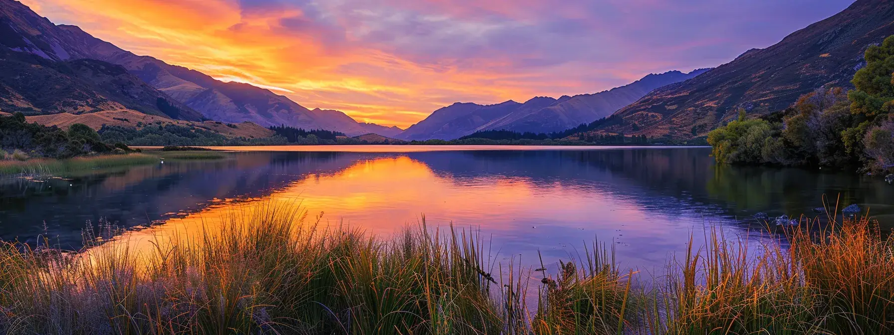 a vibrant sunset casts a golden glow over a serene lake, reflecting the brilliant hues of orange and purple sky, creating a breathtaking, tranquil landscape.