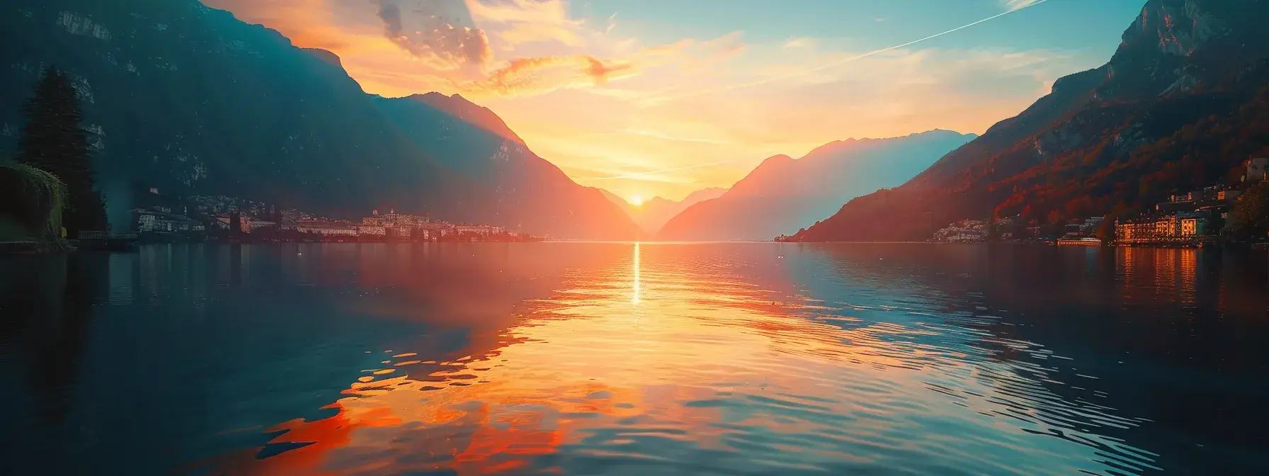 a vibrant sunset casts a golden glow over a serene lake, with silhouetted mountains reflecting majestically on the water's surface, creating a tranquil and captivating atmosphere.