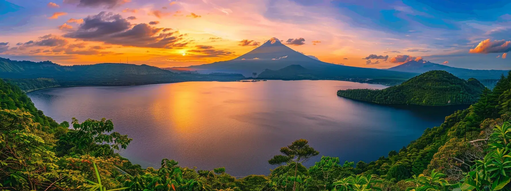 a vibrant sunset casts a golden glow over a tranquil lake, reflecting the fiery colors of the sky on its glassy surface, enveloped by lush greenery and distant mountains.