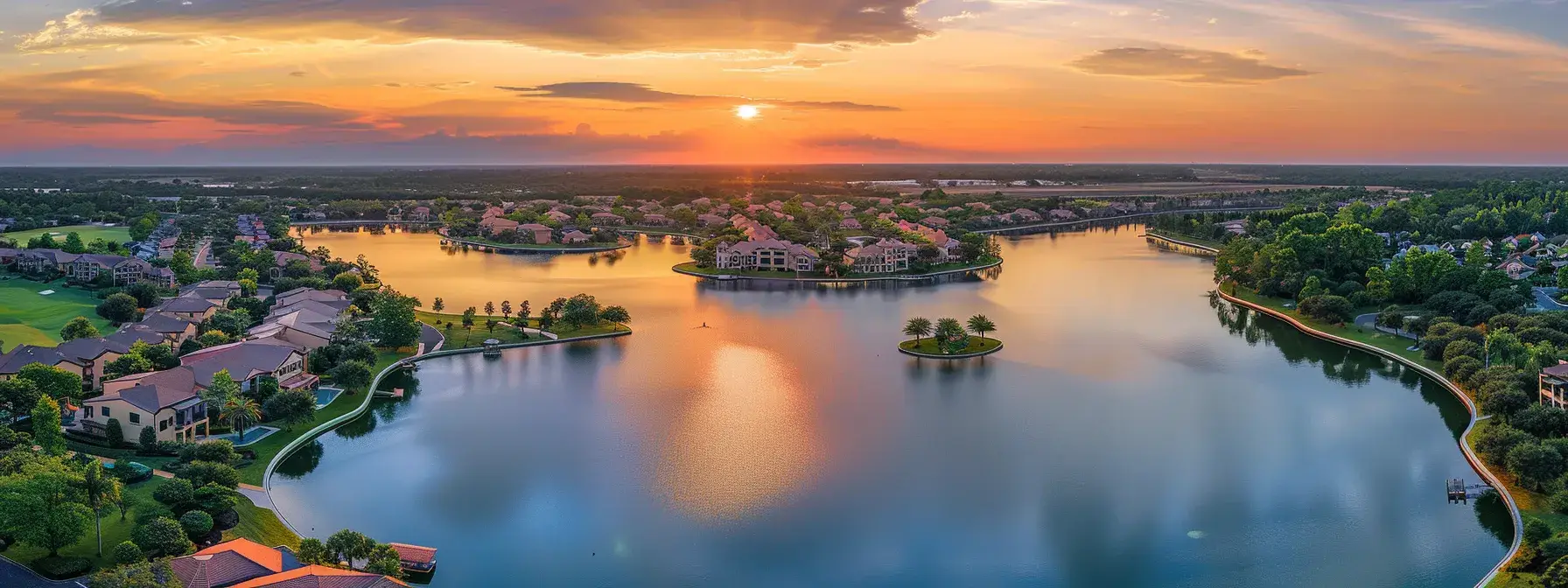 a vibrant sunset casts a warm golden glow over a tranquil lake, reflecting the brilliant colors of the sky and surrounding lush green trees.