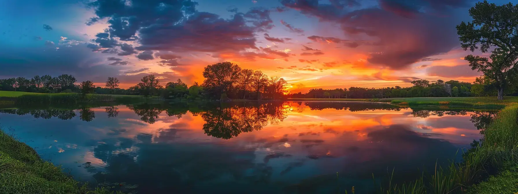a vibrant sunset casts fiery hues over a tranquil lake, reflecting the colorful sky and surrounding lush greenery, creating a serene and captivating landscape.