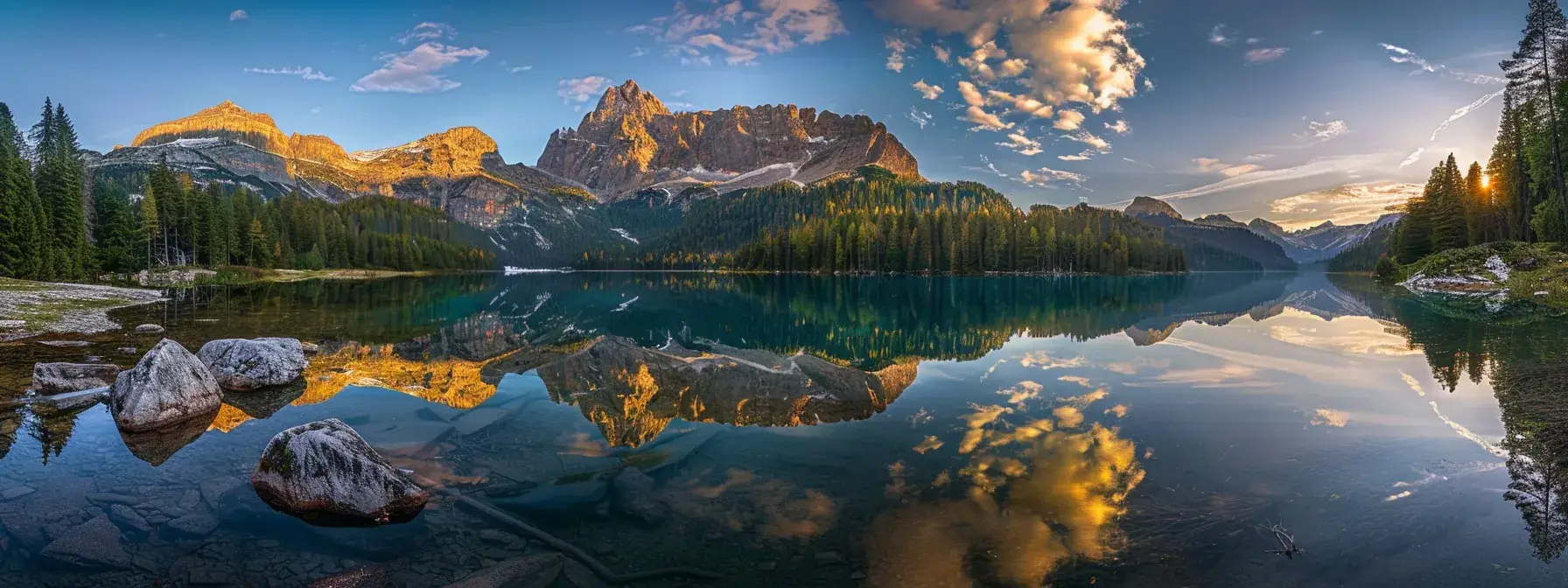 a vibrant sunset casts golden hues over a serene lake, where majestic mountains reflect perfectly on the glassy surface, encapsulating the essence of tranquility and natural beauty.