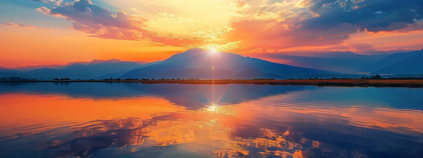 a vibrant sunset casts golden rays over a serene lake, where tranquil waters reflect the fiery hues of the sky and surround a solitary, majestic mountain peak.