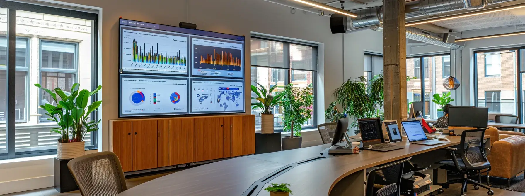 a vibrant, visually engaging workspace showcases a large screen displaying dynamic graphs and metrics, embodying the essence of data-driven a/b testing for realtor websites with a focus on mobile marketing strategies.