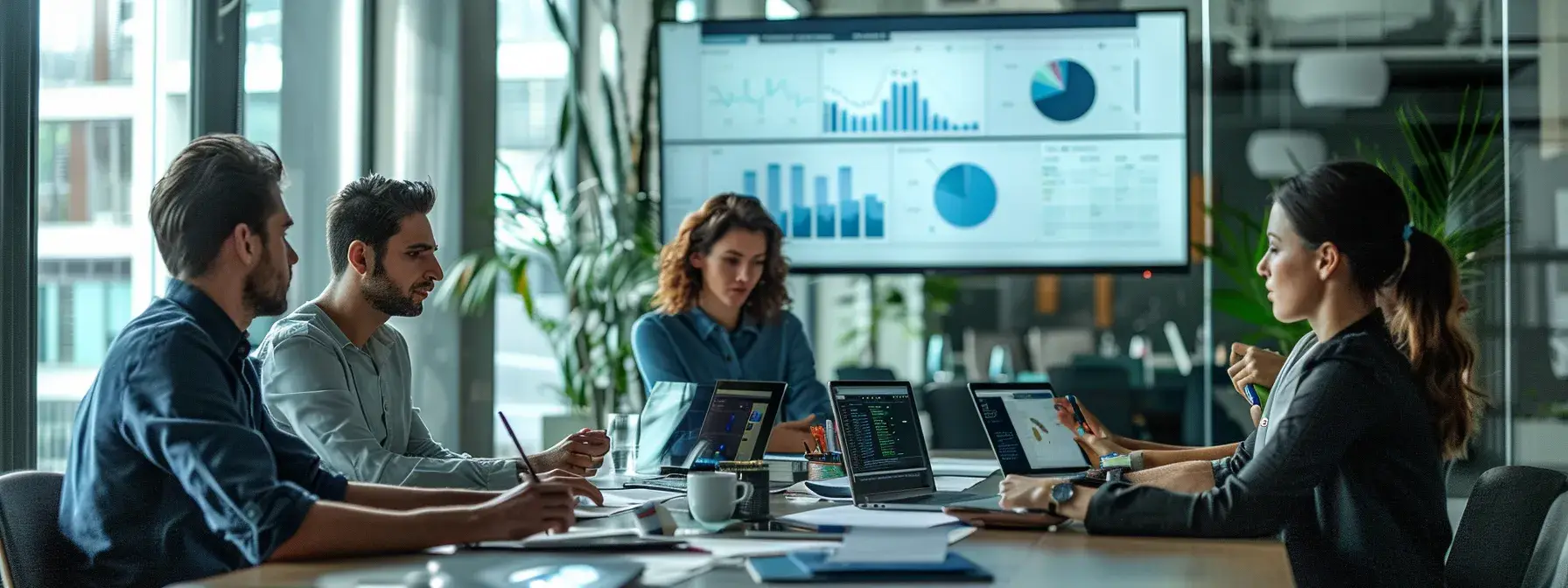 an engaging office workspace showcases a focused team collaborating around a sleek table with laptops open, displaying analytics dashboards, while brainstorming strategies for implementing event tracking to optimize realtor conversion rates.