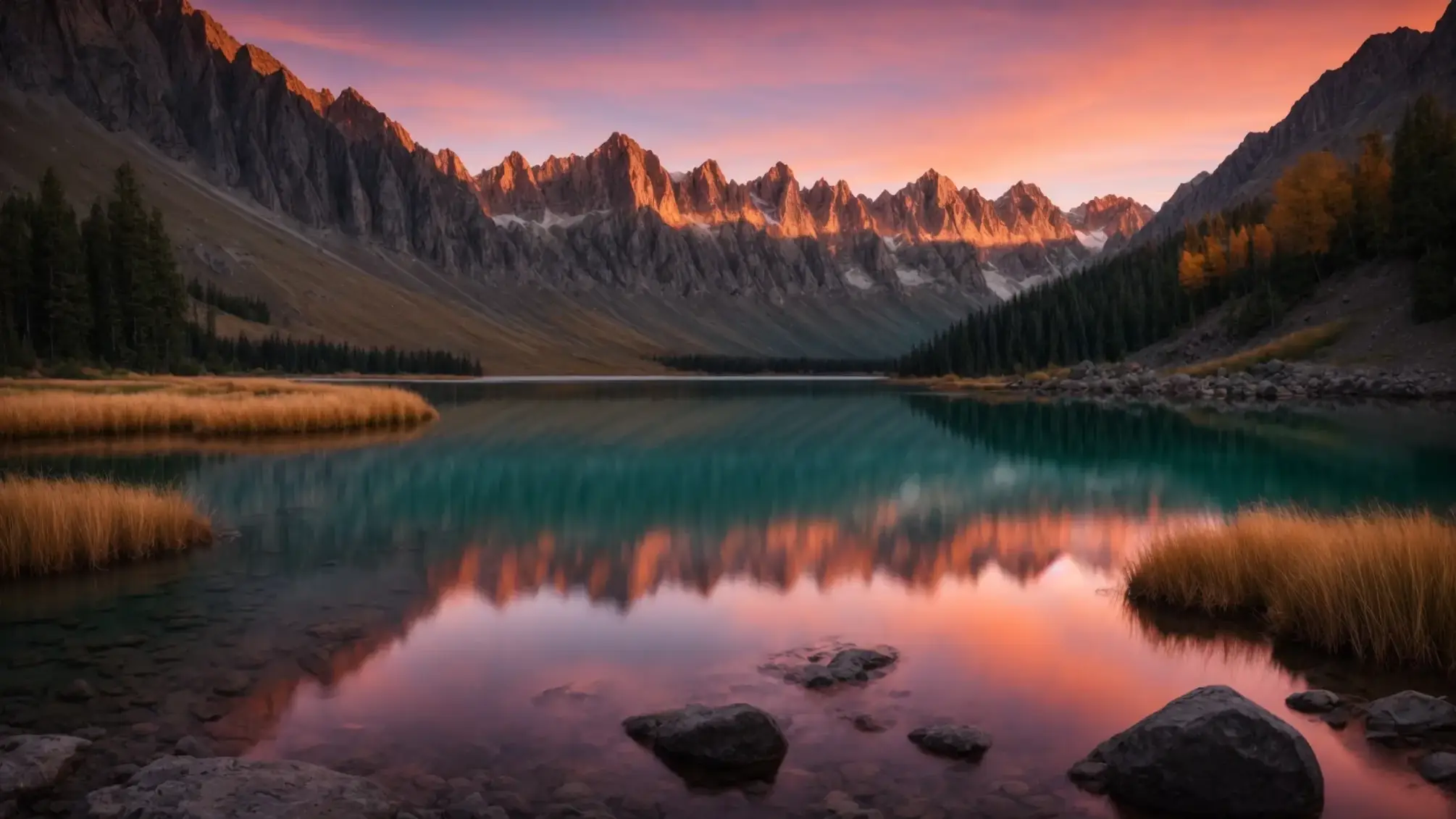 a breathtaking sunrise paints the sky in vibrant hues of orange and pink, illuminating the tranquil mountain peaks reflected in a crystal-clear lake, creating a serene and captivating landscape.