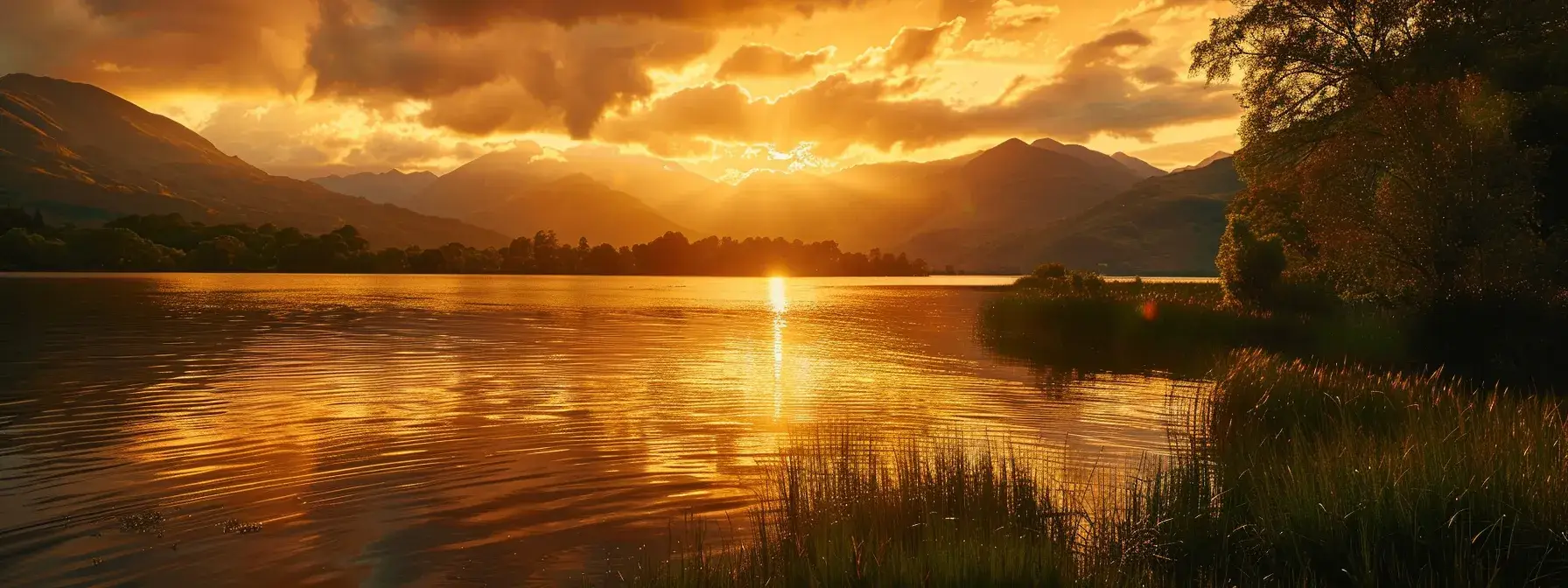 a breathtaking sunset casts a warm golden glow over a tranquil lake, with vibrant reflections shimmering on the water's surface, surrounded by lush greenery and softly silhouetted mountains in the background.