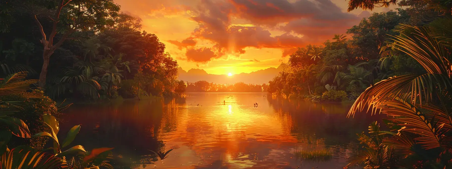 a breathtaking sunset casts a warm golden glow over a tranquil lake, reflecting vibrant hues of orange and pink, surrounded by lush greenery.