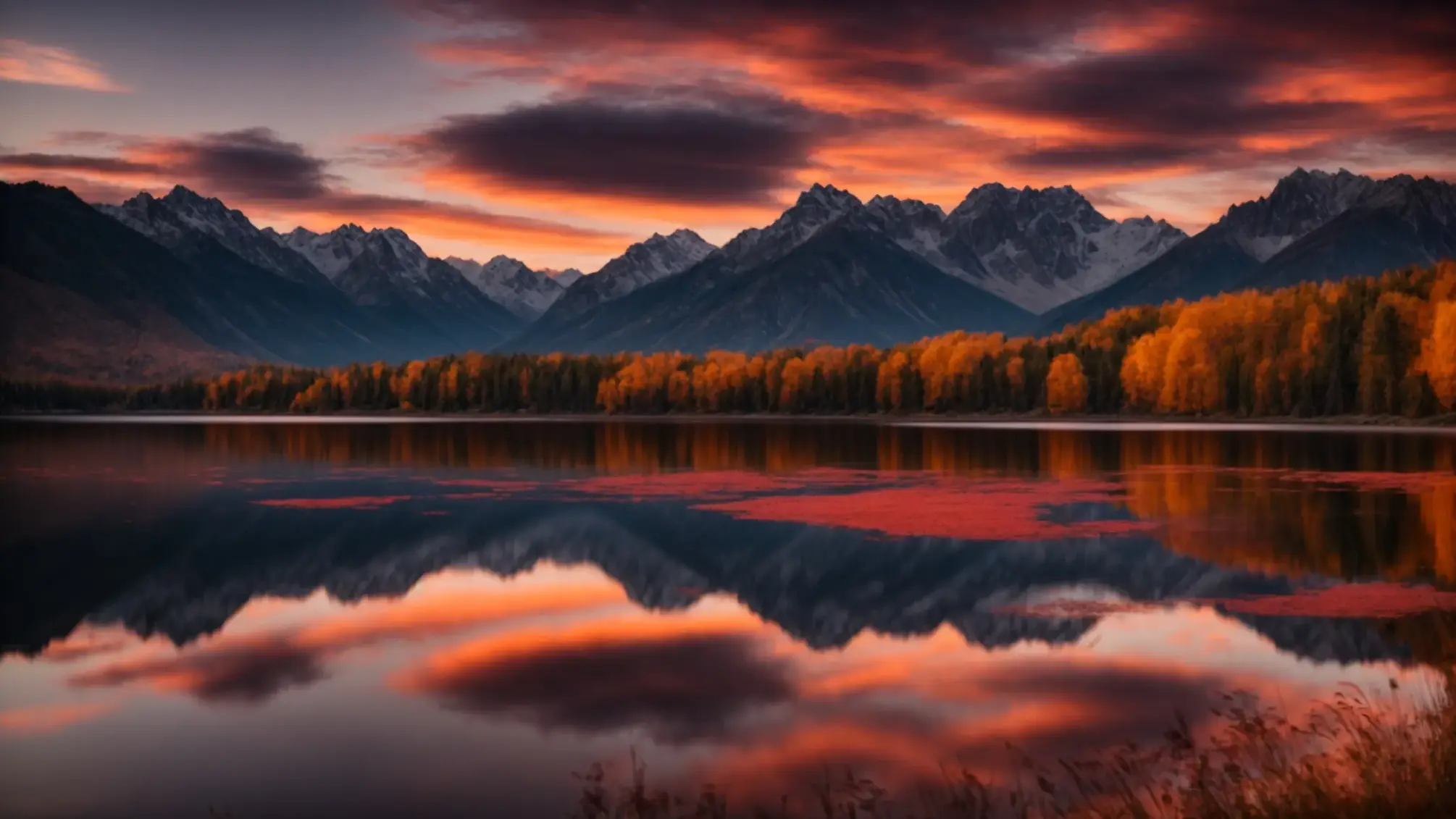a breathtaking sunset casts golden and crimson hues over a serene lake, with majestic mountains silhouetted against the vibrant sky, creating an atmosphere of tranquility and awe.