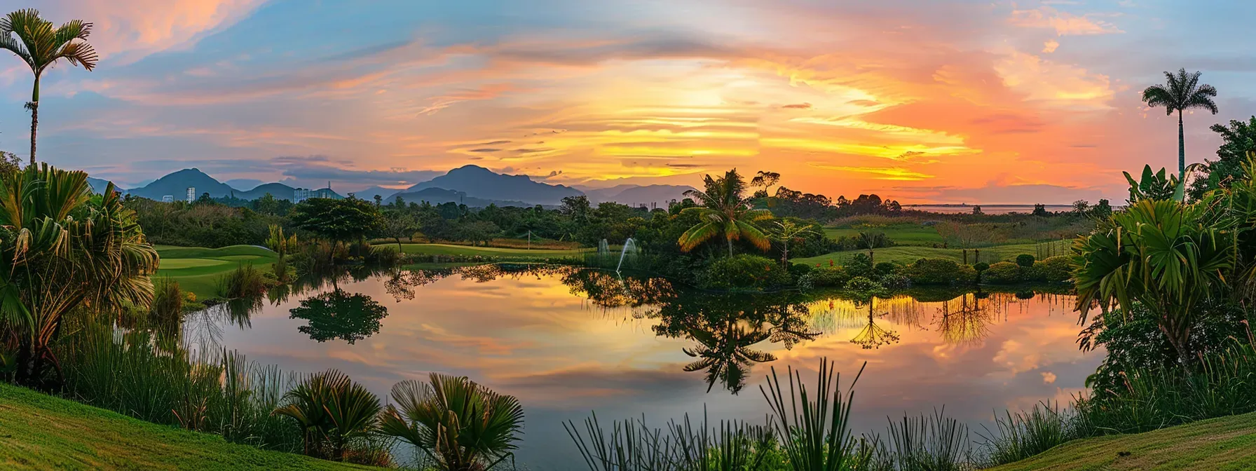 a breathtaking sunset casts vibrant hues of orange and pink across a serene landscape, reflecting off a tranquil lake surrounded by lush greenery and distant mountains.