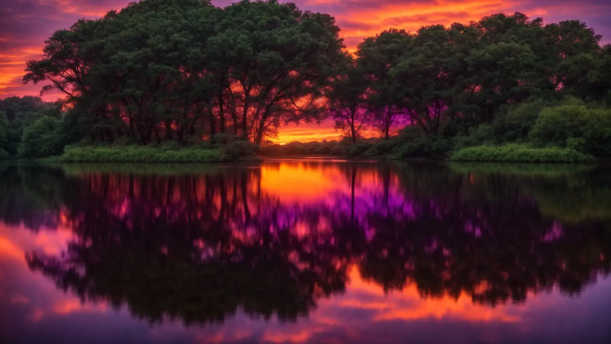a breathtaking sunset casts vibrant hues of orange and purple across a tranquil lake, reflecting the fiery sky and surrounded by lush greenery, evoking a sense of peace and serenity.