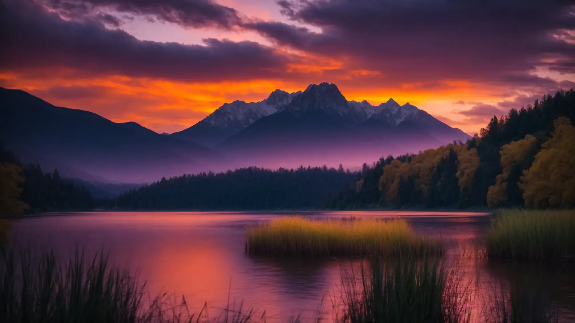 a breathtaking sunset over a tranquil lake reflects vibrant hues of orange and purple, surrounded by majestic mountains and lush greenery, capturing the serene beauty of nature.