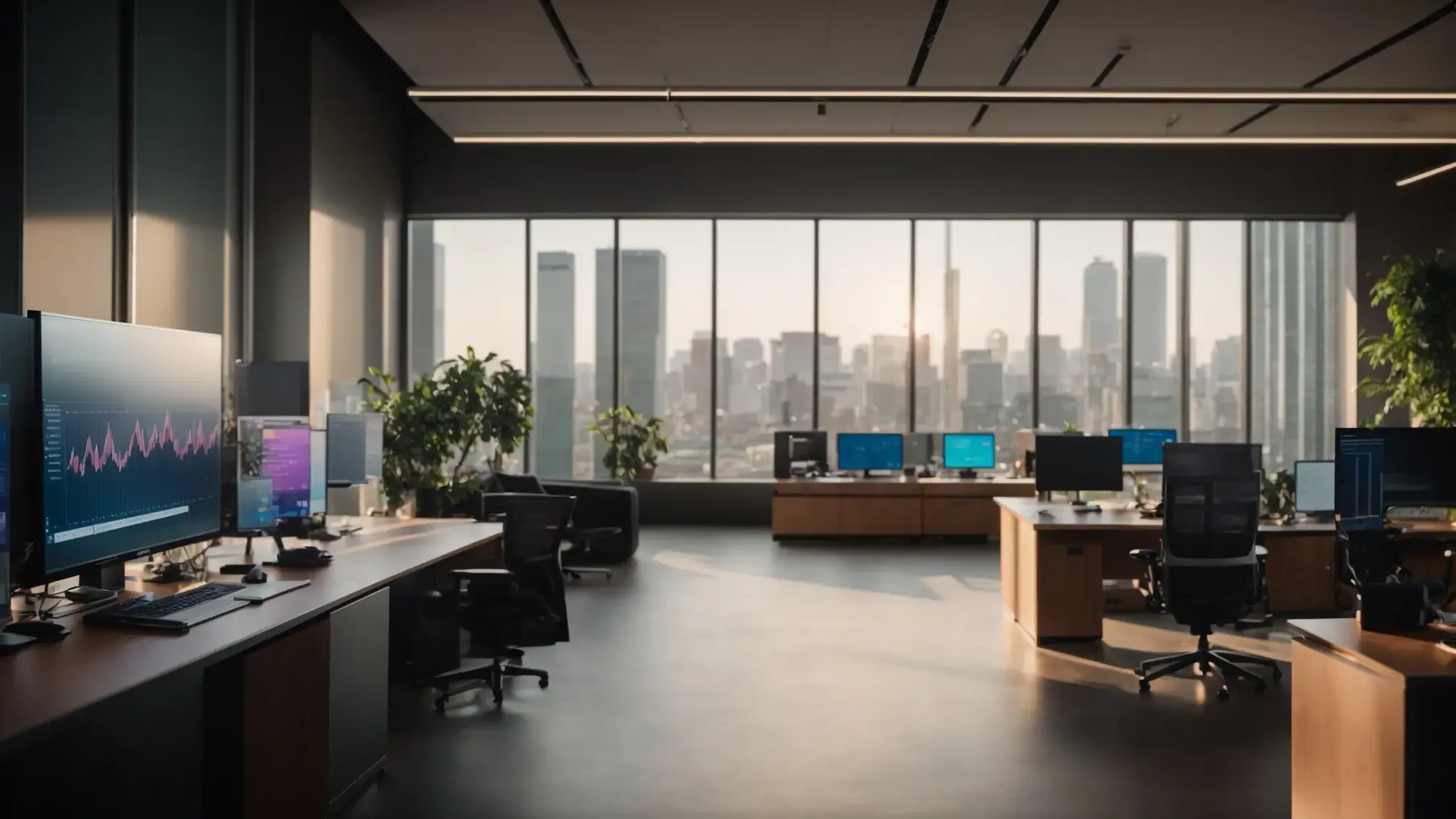 a striking office scene featuring a modern digital marketing workspace with a sleek computer screen displaying vibrant a/b testing data visualizations, illuminated by soft, natural light streaming through large windows.