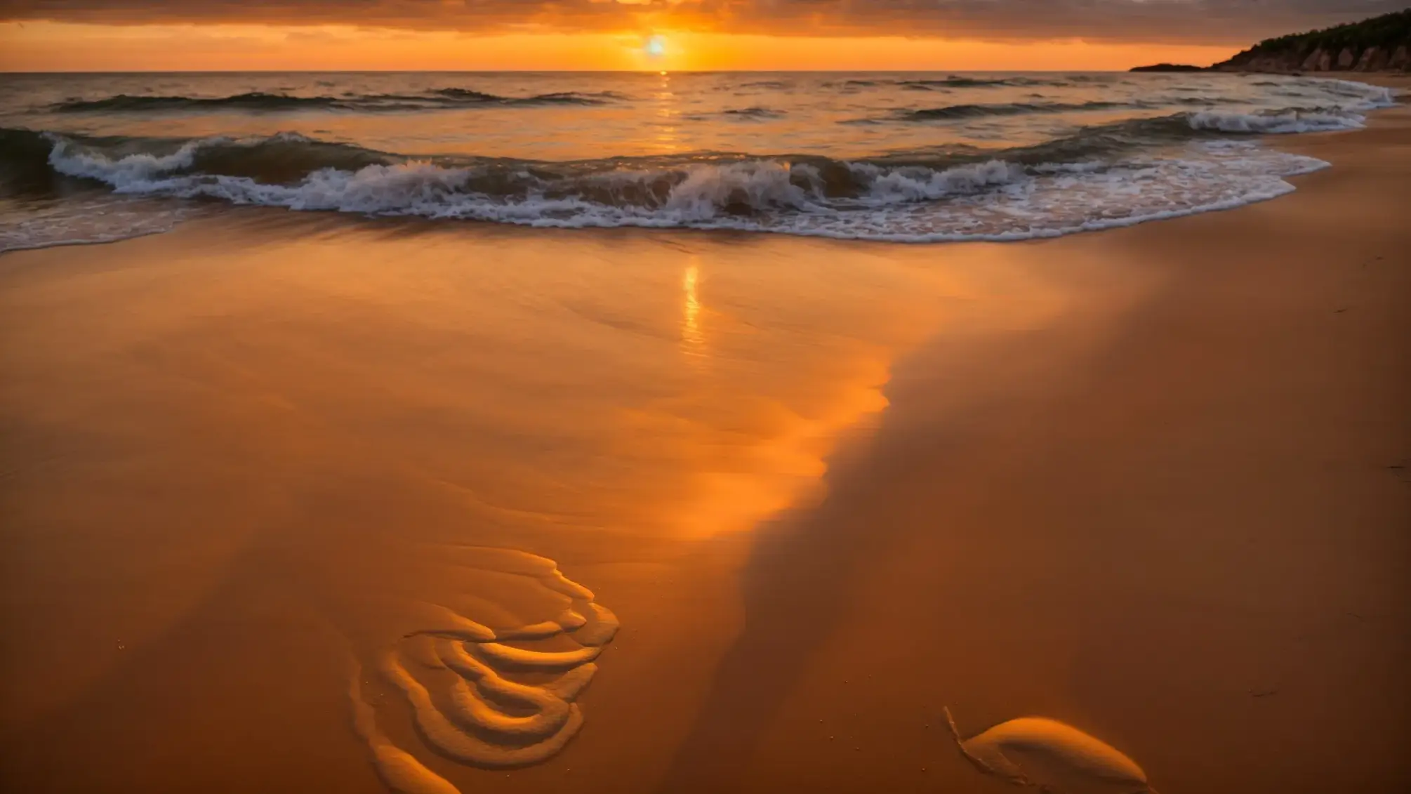 a stunning golden sunset casts a warm glow over a tranquil beach, where gentle waves lap at the shore, creating a serene atmosphere that evokes peace and reflection.