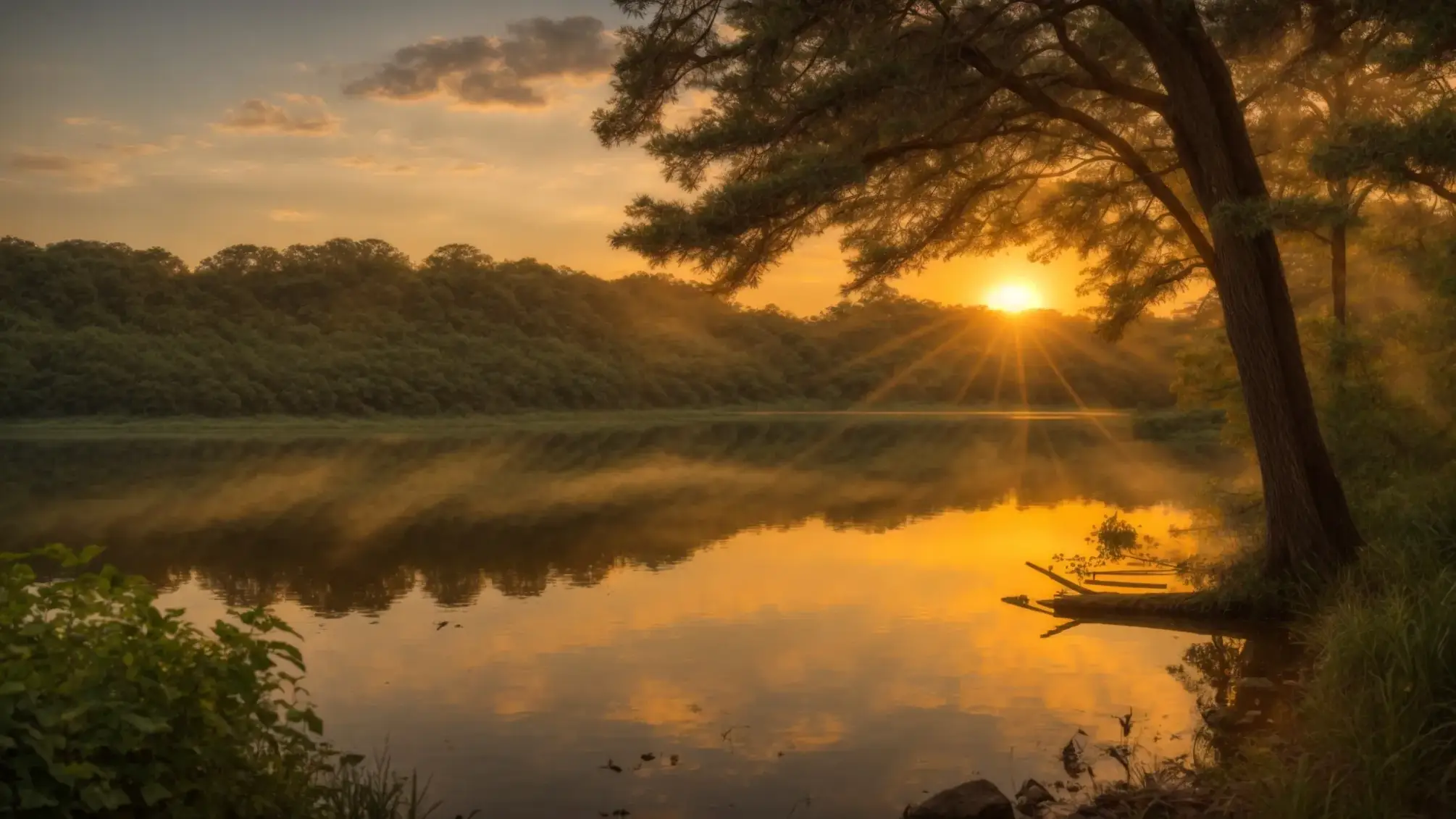 a vibrant sunrise casts golden rays over a tranquil lake, reflecting the rich colors of the sky and the surrounding lush greenery, creating a serene and mesmerizing natural landscape.