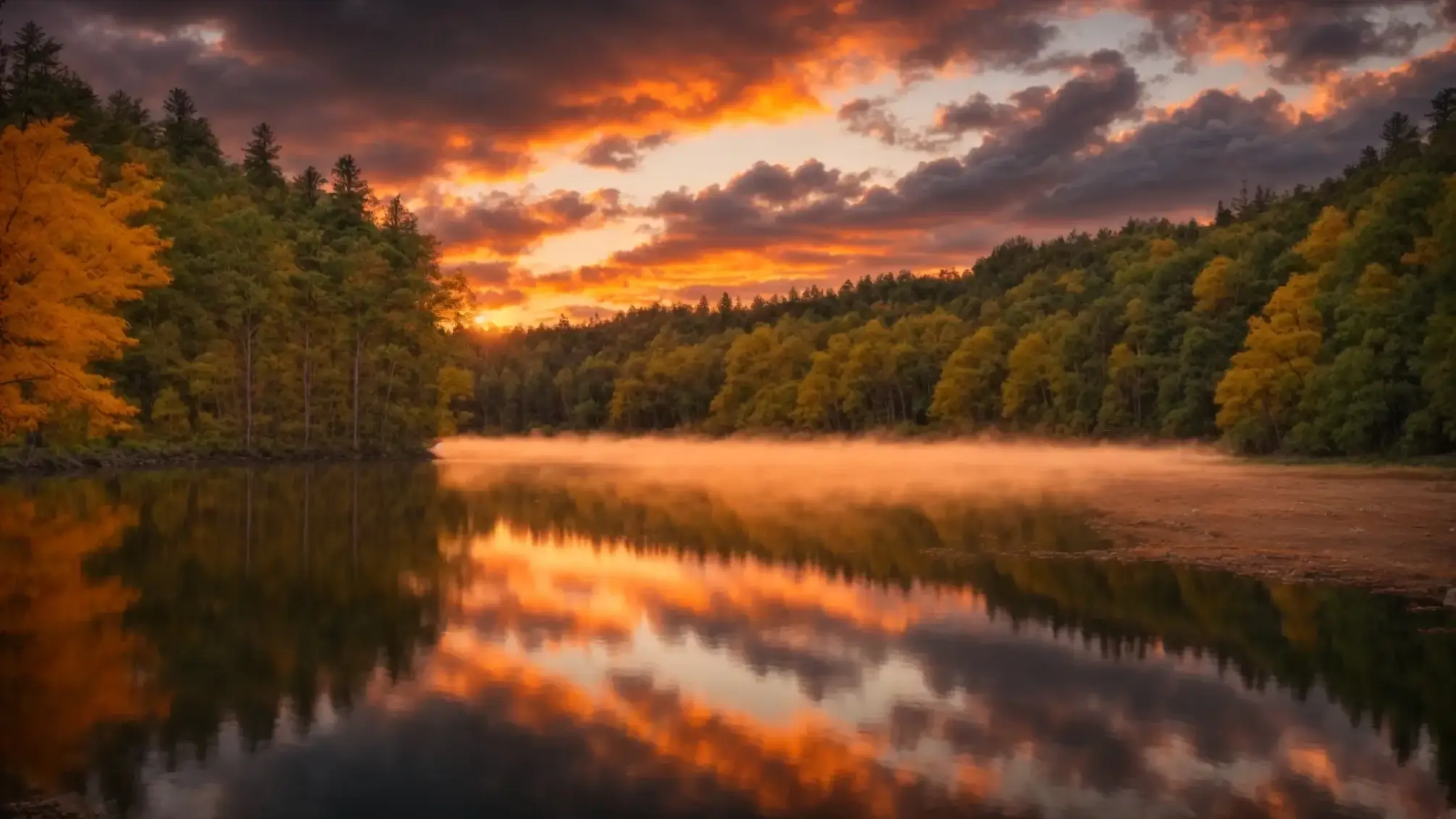 a vibrant sunset casts a golden glow over a tranquil lake, reflecting the fiery colors of the sky and surrounded by lush, green forests.