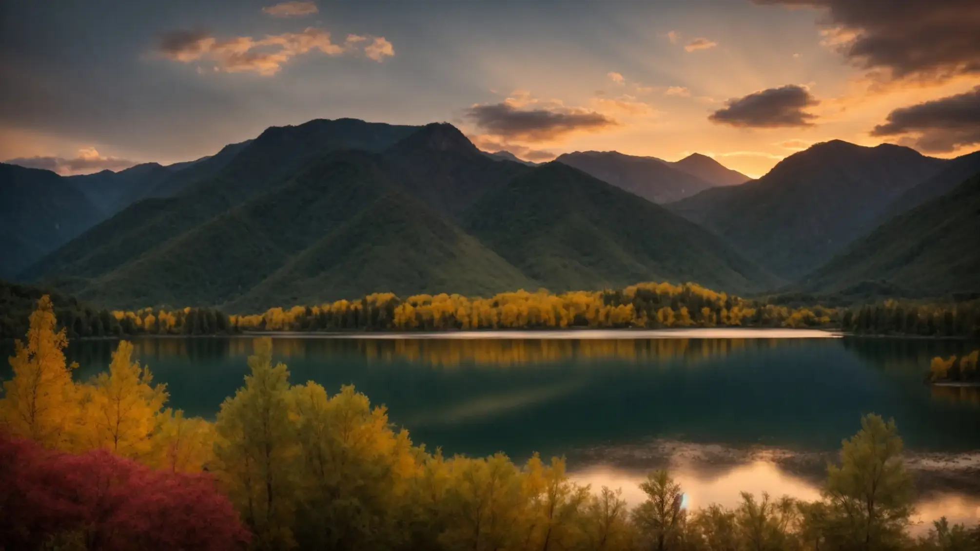 a vibrant sunset casts a golden hue over a tranquil lake, reflecting the surrounding lush mountains and creating a sense of serene harmony in nature.