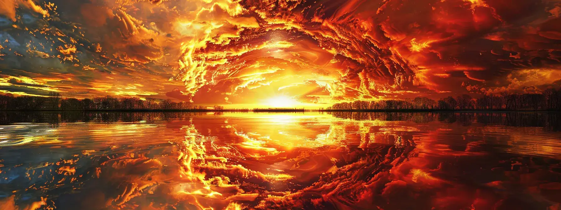 a vibrant sunset casts a warm, golden glow over a serene lake, reflecting the colorful sky and silhouetted trees, creating a tranquil and enchanting atmosphere.