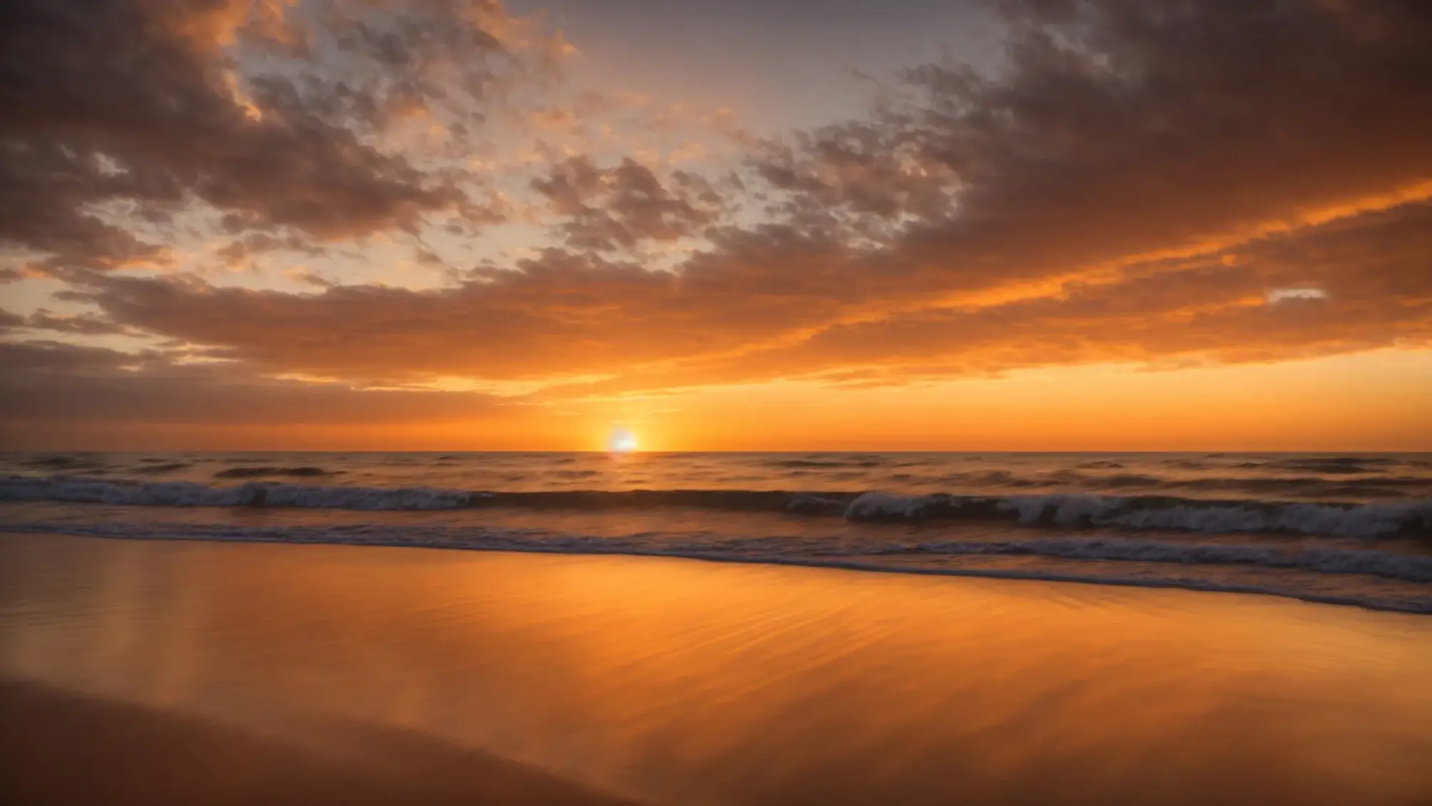 a vibrant sunset casts a warm, golden glow over a tranquil beach, where gentle waves lap against the shore, creating a serene and inviting atmosphere.
