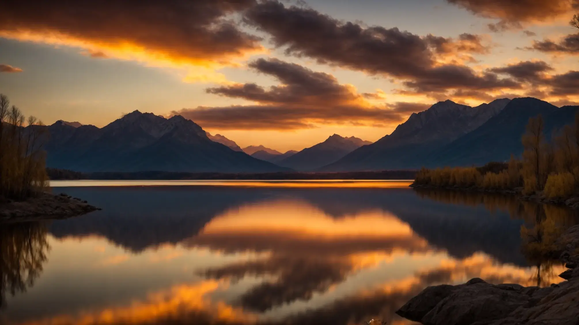 a vibrant sunset casts a warm golden glow over a serene lake, reflecting the dramatic silhouettes of distant mountains and wispy clouds suspended in a breathtaking sky.