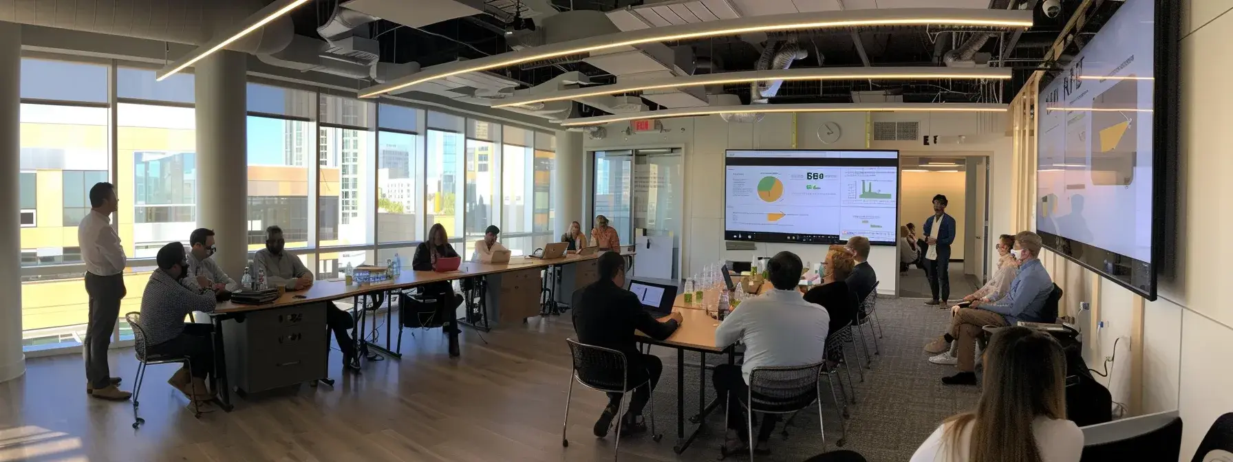 a dynamic training session unfolds in a modern office, featuring a diverse group of professionals engaged in an interactive discussion around advanced crm tools, illuminated by sleek overhead lighting that enhances the vibrant atmosphere of collaboration and learning.