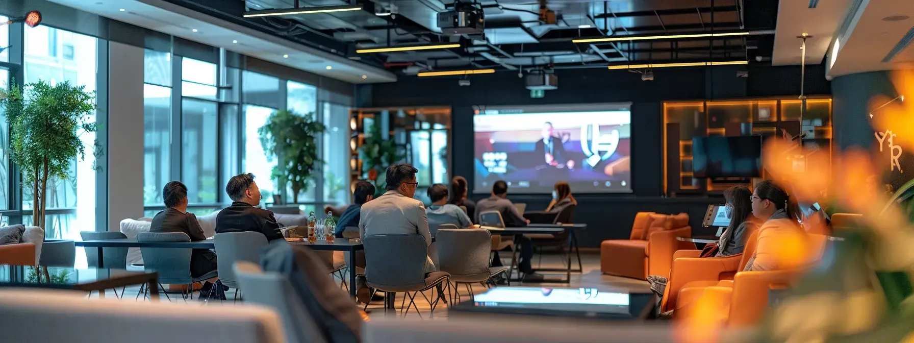 a dynamic urban networking event unfolds in a stylish, modern conference room, where professionals engage in animated conversations, sharing ideas and forging partnerships amid sleek presentation screens and vibrant branding displays.