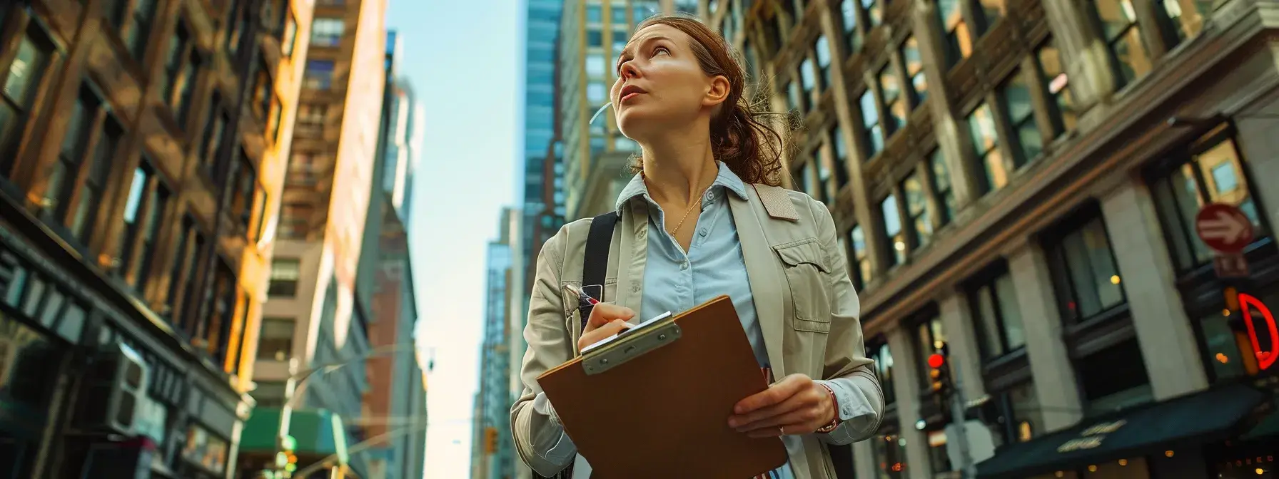 a dynamic urban scene captures a focused real estate investor navigating a bustling street, equipped with a clipboard in hand, analyzing potentially profitable properties while surrounded by a mix of residential and commercial buildings, highlighting the proactive approach to finding motivated seller leads.