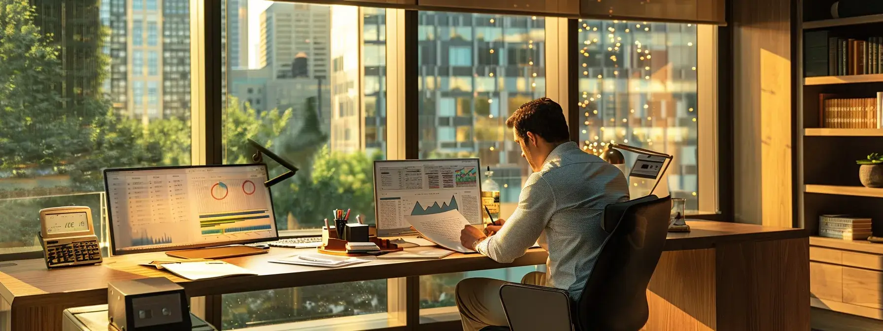 a focused real estate professional sits at a sleek urban office desk, surrounded by vibrant charts and marketing materials, as they craft personalized outreach letters to motivated sellers under the soft glow of modern task lighting.
