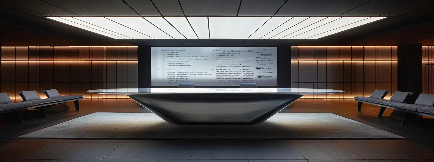 a modern office conference room features a sleek table with a large digital screen displaying a structured privacy policy document, emphasizing key components like data types and compliance, all under bright artificial lighting that highlights the professionalism of the setting.