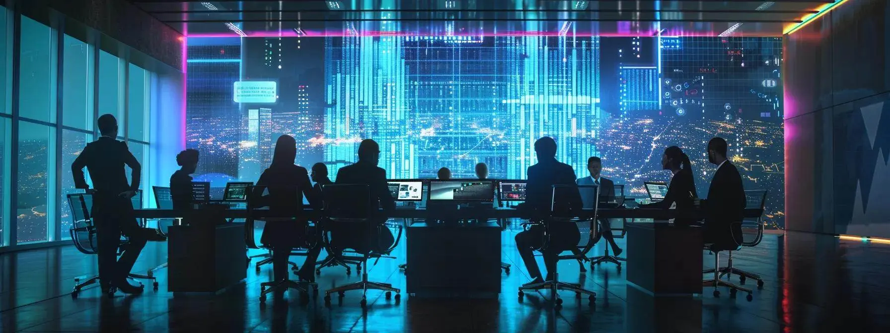 a modern office setting featuring a sleek conference table surrounded by diverse professionals analyzing a vibrant digital dashboard, showcasing property investment strategies and portfolio diversification metrics on a large screen.