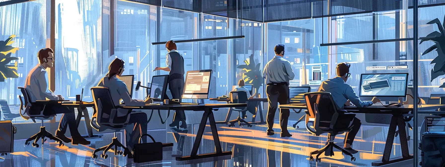 a modern office setting features a diverse group of real estate professionals collaborating over digital tablets and screens, analyzing data and crm workflows to enhance efficiency and income strategies.