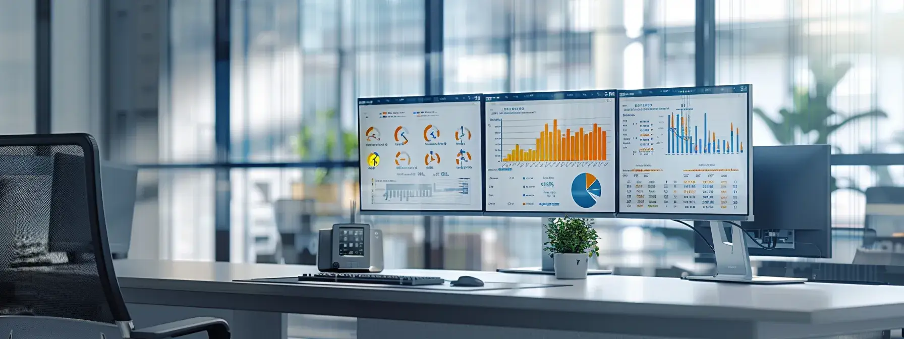 a modern office setting features a sleek workstation adorned with dual monitors displaying analytics and compliance graphs, emphasizing the importance of privacy laws and digital marketing strategies in a light-filled environment.