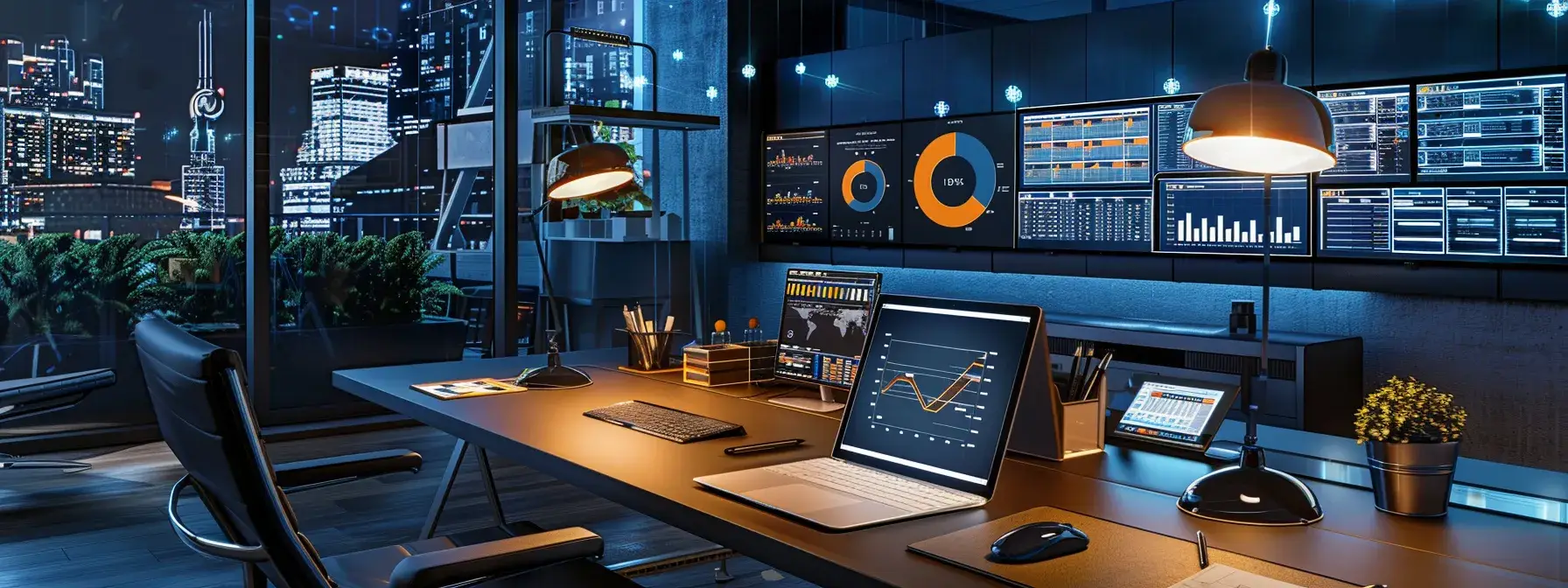 a modern office setting showcases a sleek computer desk with an open laptop displaying an integrated crm dashboard alongside dynamic graphs and user-friendly web forms, highlighting the seamless integration of website and crm systems for enhanced workflow.