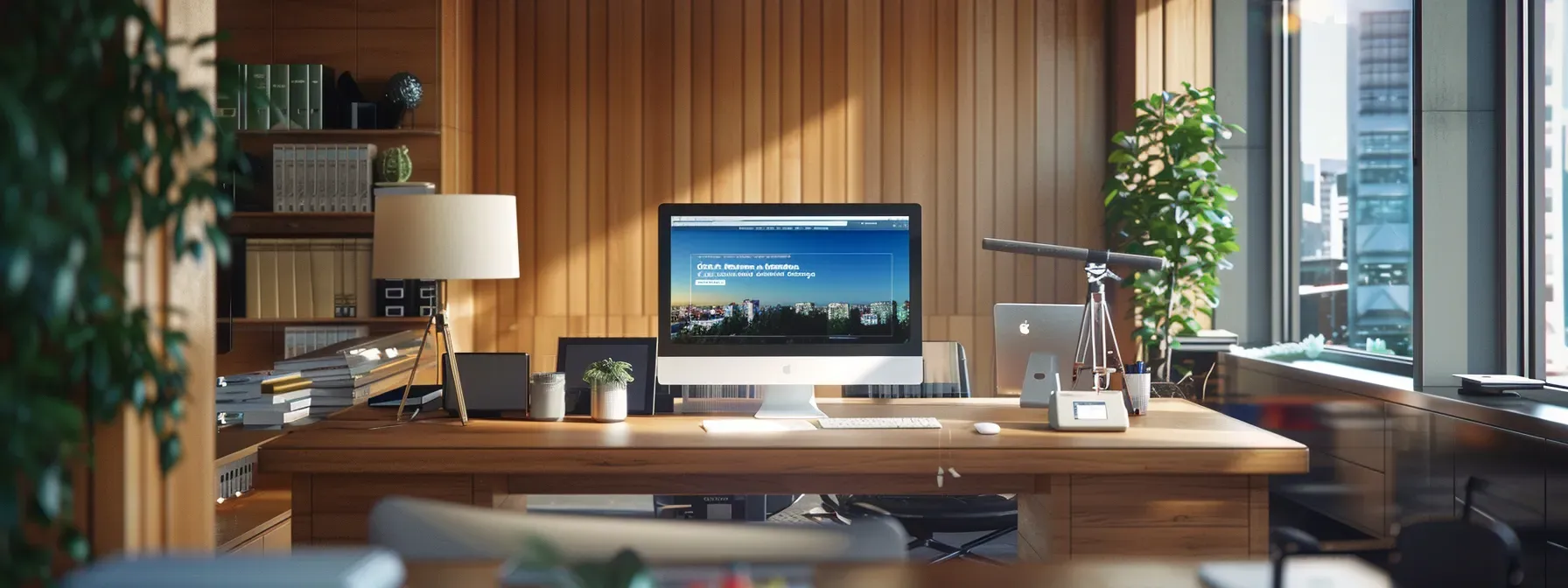 a modern office setting showcases a sleek computer screen displaying a user-centric website, featuring a prominent newsletter signup button and clear mortgage insights, emphasizing streamlined navigation and engaging content for real estate investors.