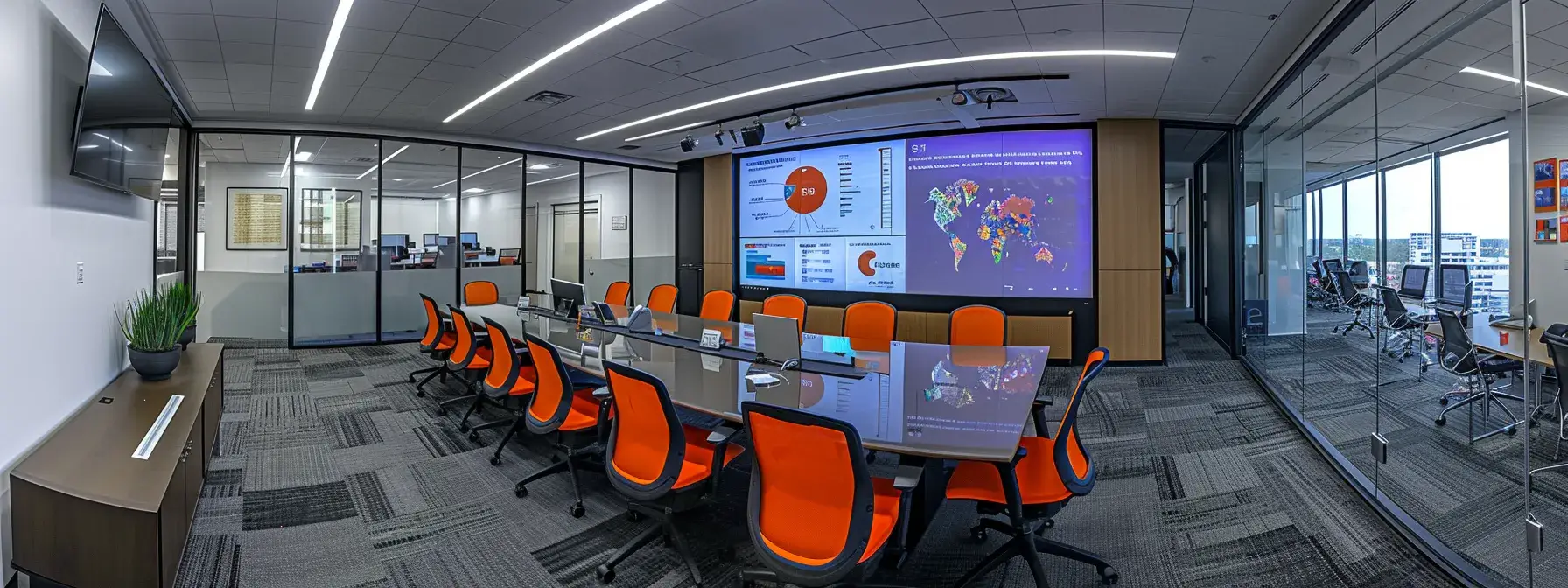 a modern office setting with a sleek conference table and a digital screen displaying vibrant infographics highlights a dynamic brainstorming session focused on innovative content strategies for enhancing buyer and seller engagement.