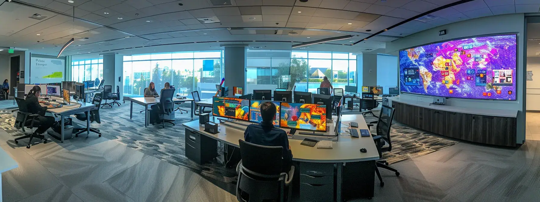 a modern office space buzzes with energy as a real estate team uses advanced scheduling software on sleek computers, displaying colorful qr codes on screens, surrounded by reminders and client interaction graphics to signify a streamlined and engaging customer experience.