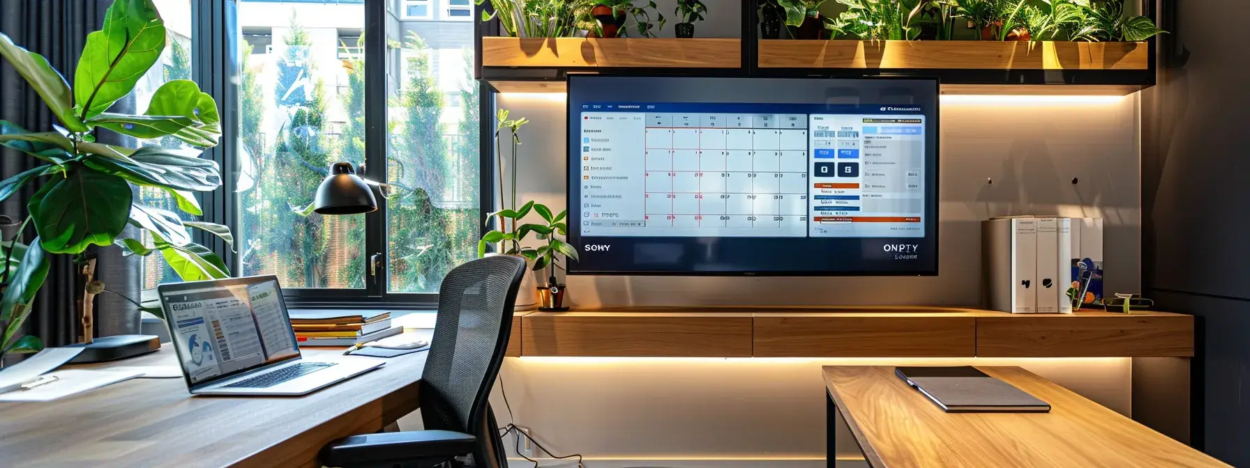 a modern office space features a sleek digital calendar interface prominently displayed on a large monitor, seamlessly integrating client appointment bookings for a realtor, with an organized workspace that reflects efficiency and professionalism.