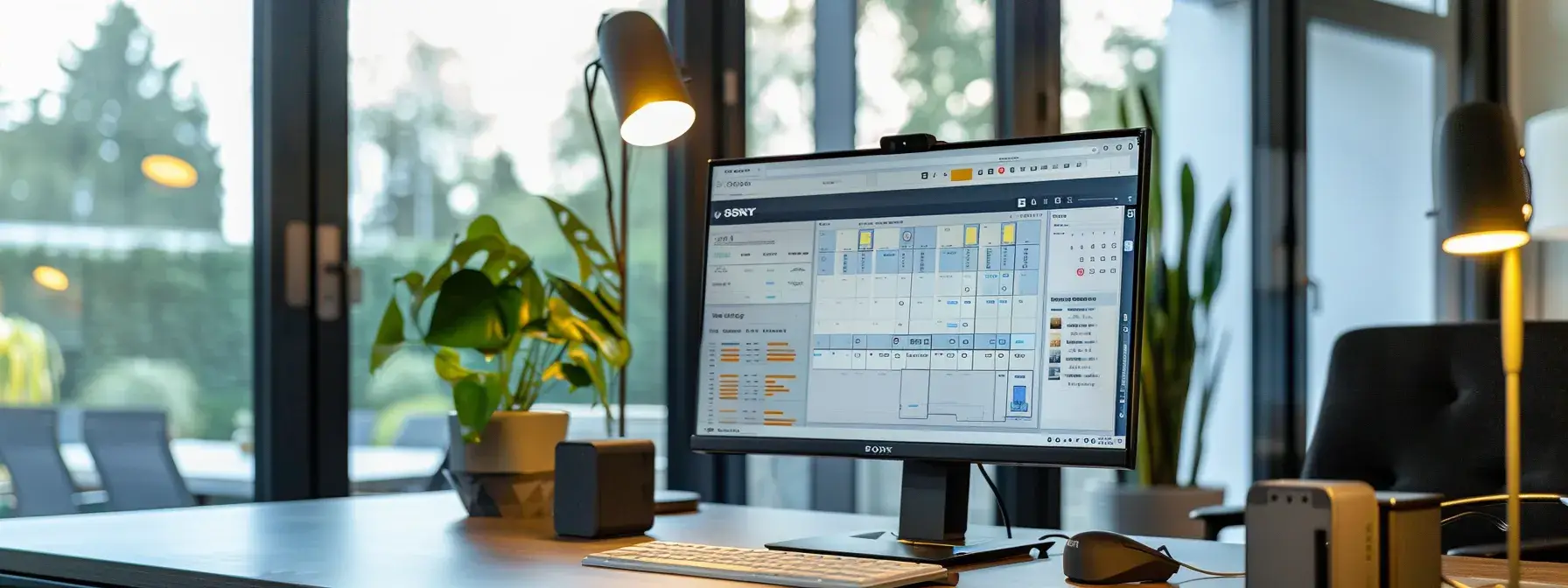 a modern office space showcases a sleek computer screen displaying a user-friendly appointment scheduling interface, illuminated by purposeful task lighting, capturing the essence of seamless automation in real estate client management.