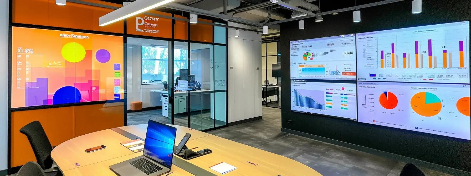 a modern office workspace, featuring a sleek desk with a laptop displaying crm software, surrounded by vibrant charts and graphs on the walls, conveying a dynamic atmosphere of personalized client engagement and strategic communication.