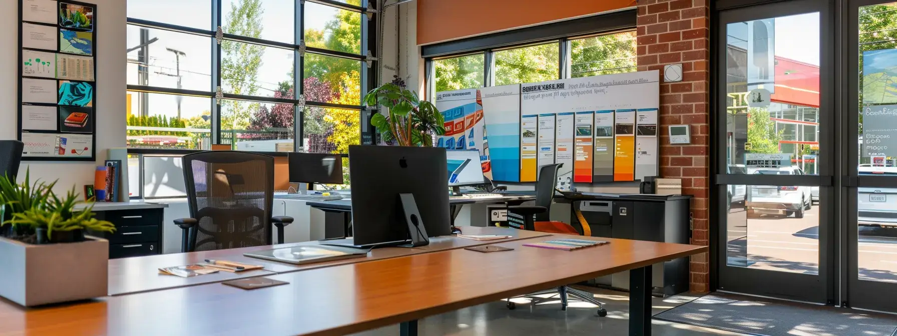 a modern office workspace features a sleek desk with an open laptop displaying vibrant real estate branding materials, surrounded by color swatches and typography samples, highlighting a focused analysis of competitor branding strategies.