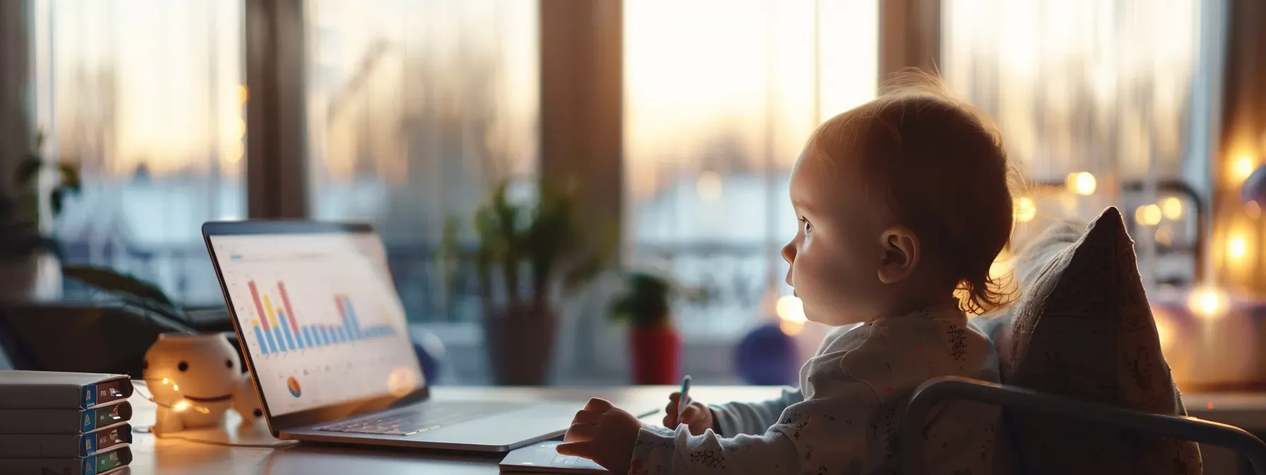 a modern office workspace features a sleek laptop displaying analytics graphs and a refreshing bio update on the screen, with a stylish notepad and pen nearby, symbolizing an engaged realtor refining their online presence for ongoing success.
