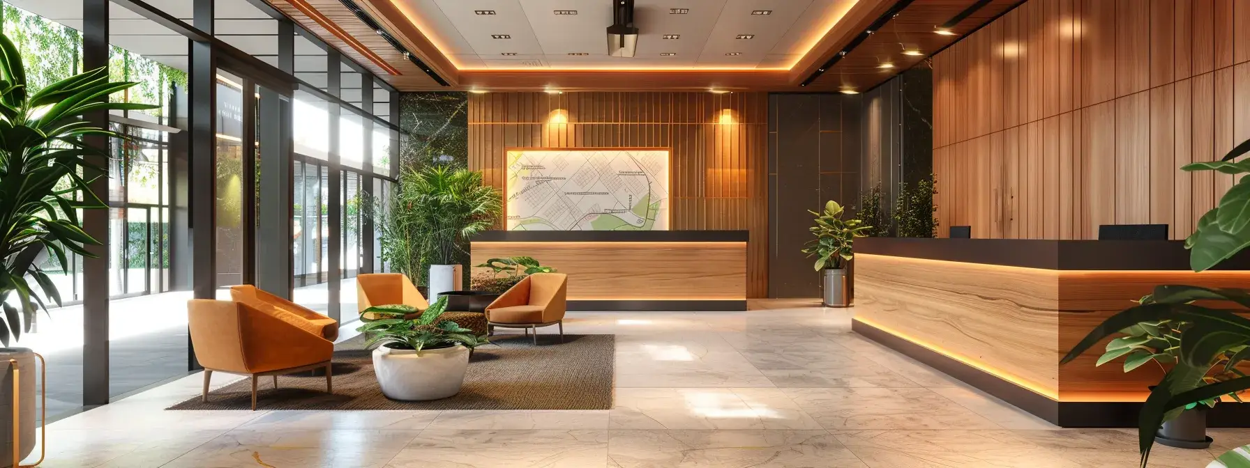 a modern, sleek office environment features a digital display showcasing dynamic property listings with vibrant interactive maps and virtual tours, drawing in prospective buyers with its engaging visual appeal.